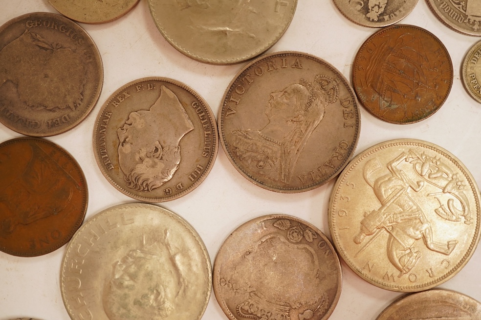 British coins, including silver crowns, George III, Victoria, George V, Victoria double florins, etc.